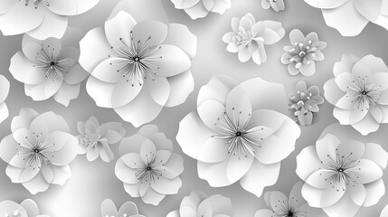 grayscale sakura flowers seamless pattern