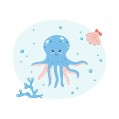 Cute octopus swims in the sea underwater. Poster with octopus on white background. Character in children's style. Vector illustration.