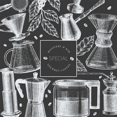 Alternative Coffee Makers Chalk Board Illustration. Vector Hand Drawn Specialty Coffee Equipment Banner. Vintage Style Coffee Bar Design