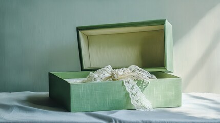 Open Green Box With White Lace