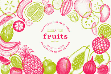 Tropical Fruit Design Template. Vector Hand Drawn Exotic Fruit Banner. Vintage Style Menu Illustration.