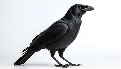 Obraz premium American crow (corvus brachyrhynchos) on white background. Suitable for marketing or business purposes. Panoramic banner with place for text