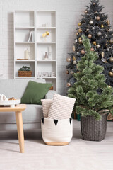 Stylish interior of modern living room with beautiful Christmas trees