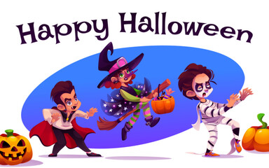 Kid in costume for Halloween party or carnival. Cute children character in dress of dracula vampire, witch and funny mummy. Happy girl have fun in kindergarten. Boy wearing monster apparel in autumn