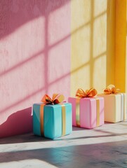 vibrant present boxes adorned with ribbons resting on a simple floor and wall, Generative AI