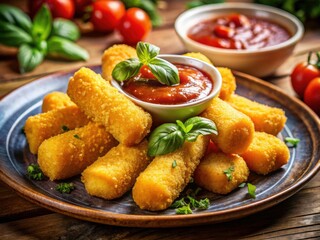 Golden Fried Mozzarella Sticks - Appetizing Cheese Delight with Marinara Sauce, Perfect for Sharing, Irresistible Snack, Crispy Texture, Gourmet Appetizer, Delicious Food Photography