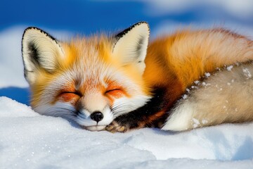 Obraz premium A serene red fox peacefully sleeping on a blanket of snow, showcasing its vibrant fur and tranquil expression in a winter landscape.