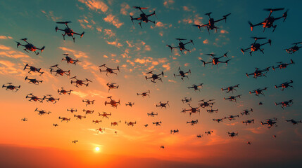 Fototapeta premium mesmerizing drone swarm creates intricate patterns against vibrant sunset sky, showcasing technology and nature beauty in harmony