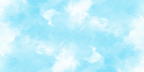 Grunge tint light blue watercolor abstract background, Aquarelle paint paper textured, blue sky with clouds, Sky Nature Landscape Background, sky background with white fluffy clouds.	