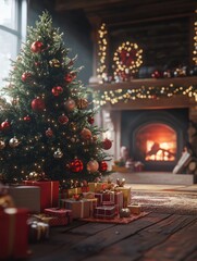 A beautifully decorated Christmas tree adorned with red and gold ornaments stands beside a crackling fireplace, creating a warm ambiance in a festive atmosphere - Generative AI