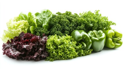 Assortment of Fresh Green Leafy Vegetables and Green Bell Peppers