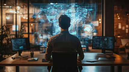 Fototapeta premium AI powered assistant projecting holographic interface in modern office, showcasing global data visualization and analytics. man is focused on screens