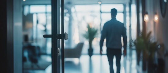 Man Walking Through a Glass Door