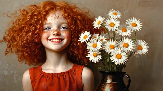 A young girl with red hair and freckles smiles brightly as she poses with a bouquet of white daisies