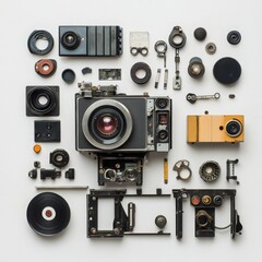 Intricate arrangement of deconstructed film camera components showcasing mechanical precision and artistic design