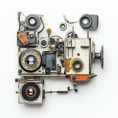 Intricate deconstruction of a vintage film camera showcasing precision-engineered mechanical components in artistic arrangement