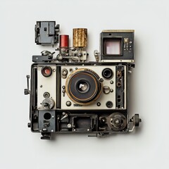 Intricate deconstructed film camera with precisely arranged mechanical components showcasing the art of photography