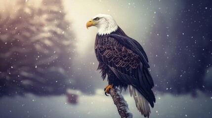 A majestic bald eagle perched on a branch in a snowy landscape, showcasing its striking features against a soft, blurred background.