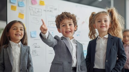 Young children in business suits standing and presenting their ideas on a whiteboard in a corporate office