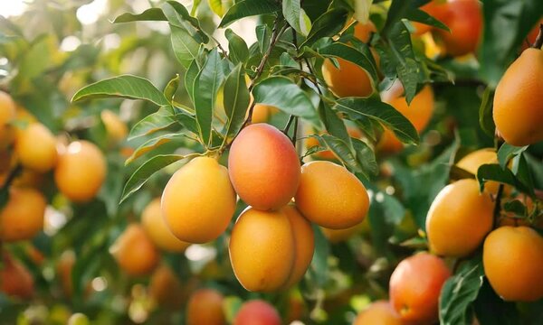 Bunch of mangos hanging from its branches in a mango farm