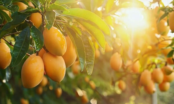 Bunch of mangos hanging from its branches in a mango farm