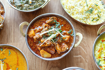 Different indian food on wooden background