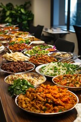 Obraz premium The office hosts a Diwali potluck where employees bring traditional foods. Everyone enjoys sharing homemade dishes and treats