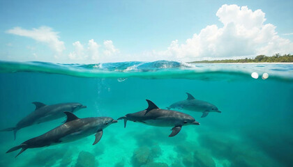 Naklejka premium Bottlenose dolphins swimming and jumping in the clear waters of the Caribbean Sea with coral reefs visible below and Roatan's picturesque beaches under a bright afternoon sky