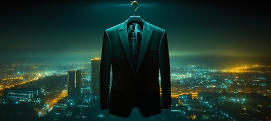 A sleek formal suit on a hanger with a cityscape in the background, leaving room for text at the top