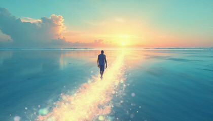 Illustration of a man strolling along a beach at sunset with two contrasting blue seas and an ethereal glowing path made of light leading him forward creating a surreal atmosphere