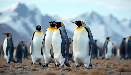 Fototapeta premium King penguins Aptenodytes patagonicus standing together in a breeding and nesting colony at Salisbury Plain South Georgia