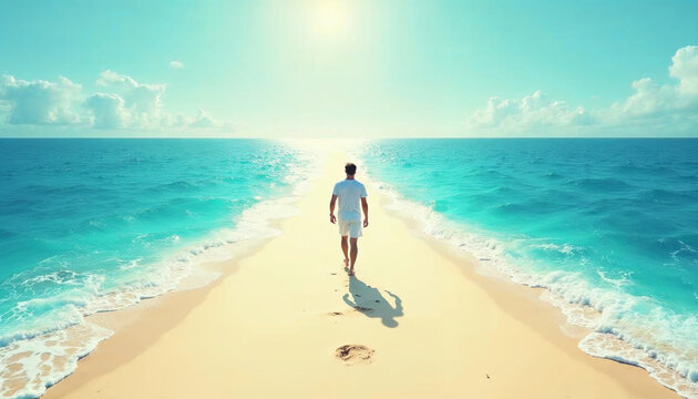 Illustration of a man walking on a sandy beach surrounded by two vibrant blue seas under a bright sun with abstract swirling patterns in the sand to represent a surreal path concept