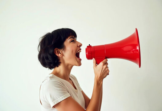Woman shouting shouted into a Red megaphone against pastel white background