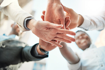 Group of people, hands together and solidarity in below for job opportunity, interview or...