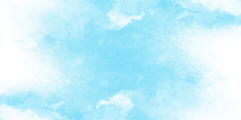 Grunge tint light blue watercolor abstract background, Aquarelle paint paper textured, blue sky with clouds, Sky Nature Landscape Background, sky background with white fluffy clouds.	