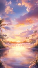 A picturesque scene of a large flock of flamingos gracefully standing and wading in a calm, shallow lagoon during sunrise. The sky is painted with vibrant hues of orange, pink, and purple, reflecting 