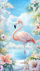 A stunning composition featuring a single flamingo striking an elegant pose amidst vibrant tropical flowers and under a clear blue sky. The flamingo stands gracefully on one leg, with its long neck cu