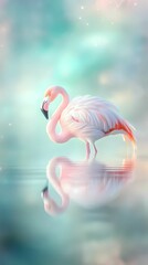 Naklejka premium An intimate macro shot of a single flamingo, highlighting its intricate feather details and striking pink coloration. The flamingo is standing gracefully in shallow water, with its reflection creating