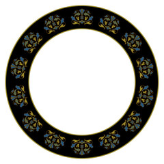 Round floral frame. Circular border with floral motifs. Vintage folk style.