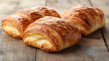 Three golden-brown pastries arranged on a rustic wooden surface, showcasing their flaky texture.