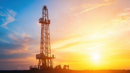 Obraz premium A silhouetted drilling rig against a vibrant sunset, symbolizing the energy industry and the extraction of natural resources.