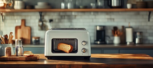 Fototapeta premium A sleek toaster with toast popping up in a contemporary kitchen, space for text to the side