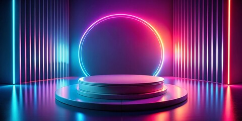 Abstract Scene with Round Podium and Neon Lights for Mockup Design, Featuring Vibrant Colors and Dreamlike Atmosphere for Creative Projects and Advertisements