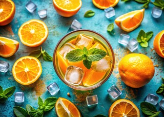 Refreshing Orange Drink with Ice Cubes - Drone Photography of Vibrant Citrus Beverage, Summer Refreshment, and Invigorating Hydration in a Clear Glass on a Bright Background