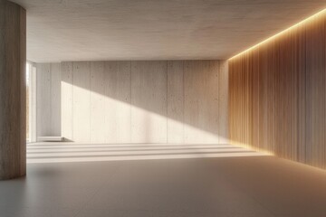 A minimalist interior space featuring concrete walls and warm wooden accents, illuminated by soft light.