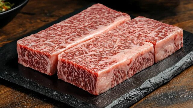 Two thick cuts of marbled beef sit on a black slate plate ready for cooking