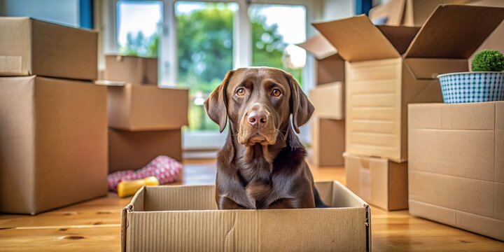 A Cute Chocolate Labrador Retriever in a Cardboard Box Capturing the Bittersweet Emotions of Moving Day and the Chaos of Pet Relocation Services