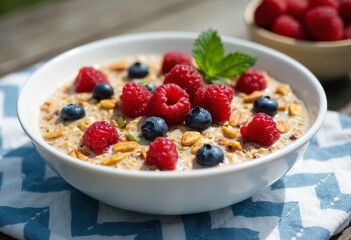 A bowl of granola or muesli with fresh berries, nuts, and mint leaves on a wooden board with a blue and white chevron patterned cloth