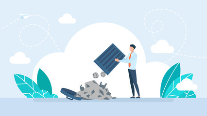 Man holding dustbin with trash. A businessman pours out a pile of garbage from a dumpster. Housework, ecology, pollution concept. Flat vector illustration.