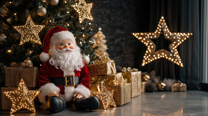 Obraz premium The pine tree is adorned with gifts, and Santa Claus sits beside it